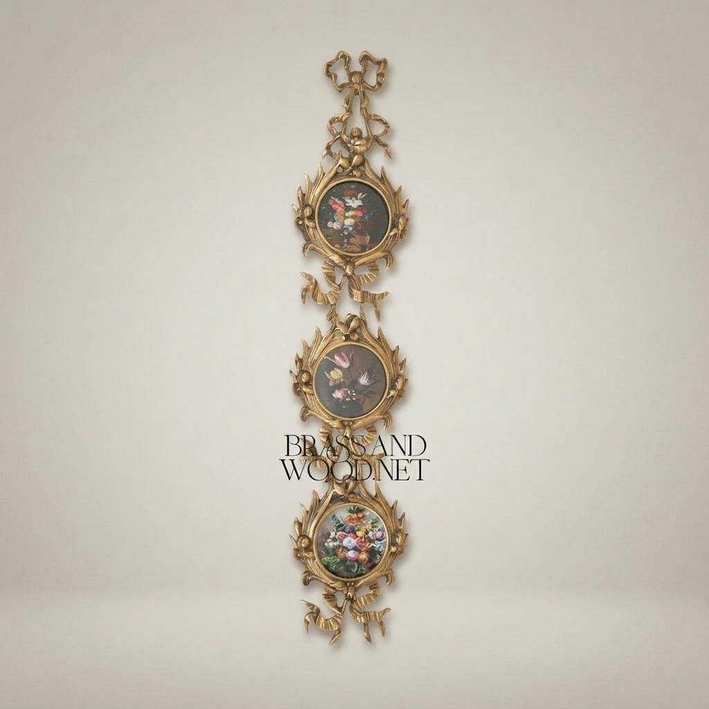 Rococo Brass Wall Picture Frame Chain - Cascading Medallion with Ribbon & Acanthus Crest — Antique Gold