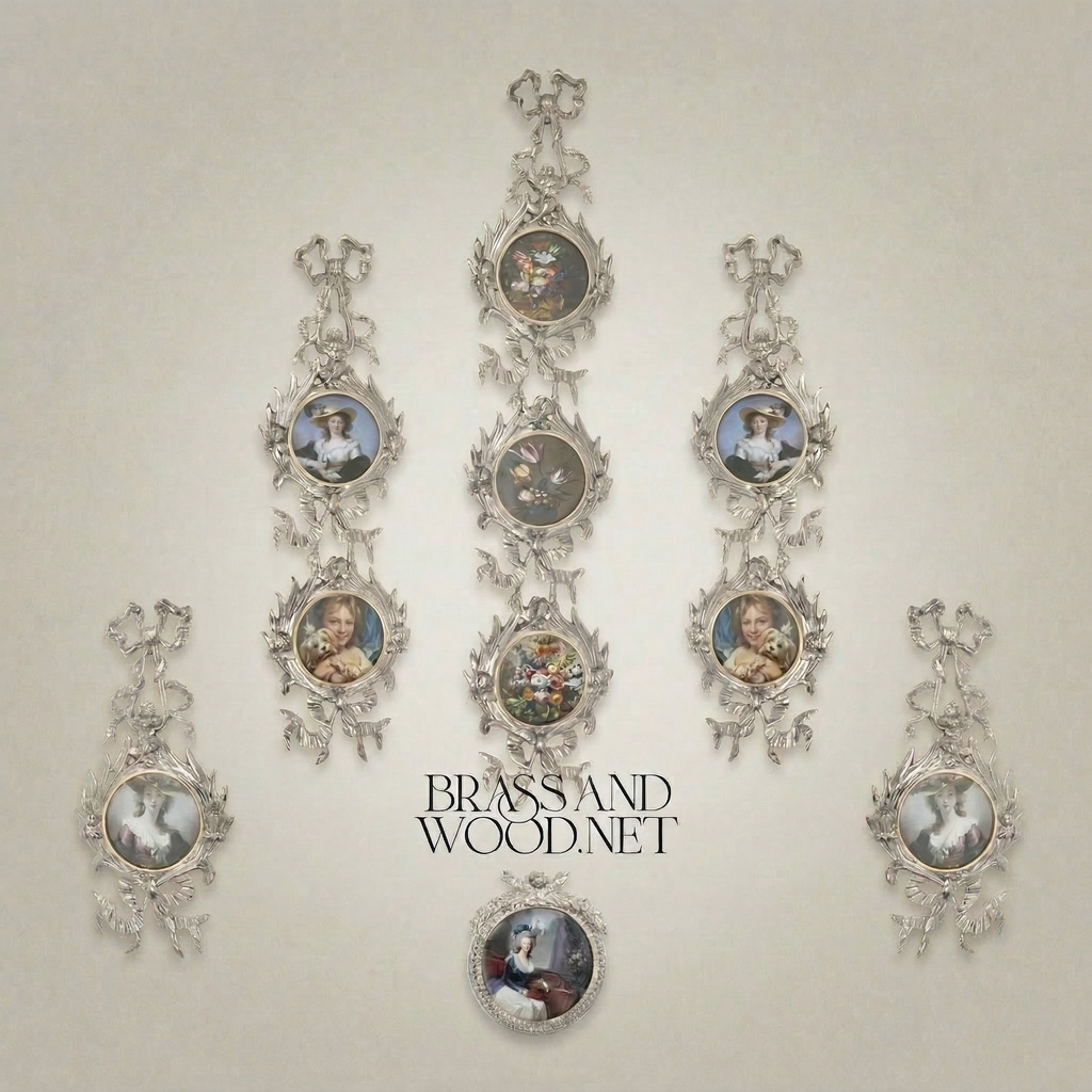 Rococo Brass Wall Picture Frame Chain - Cascading Medallion with Ribbon & Acanthus Crest — Silver