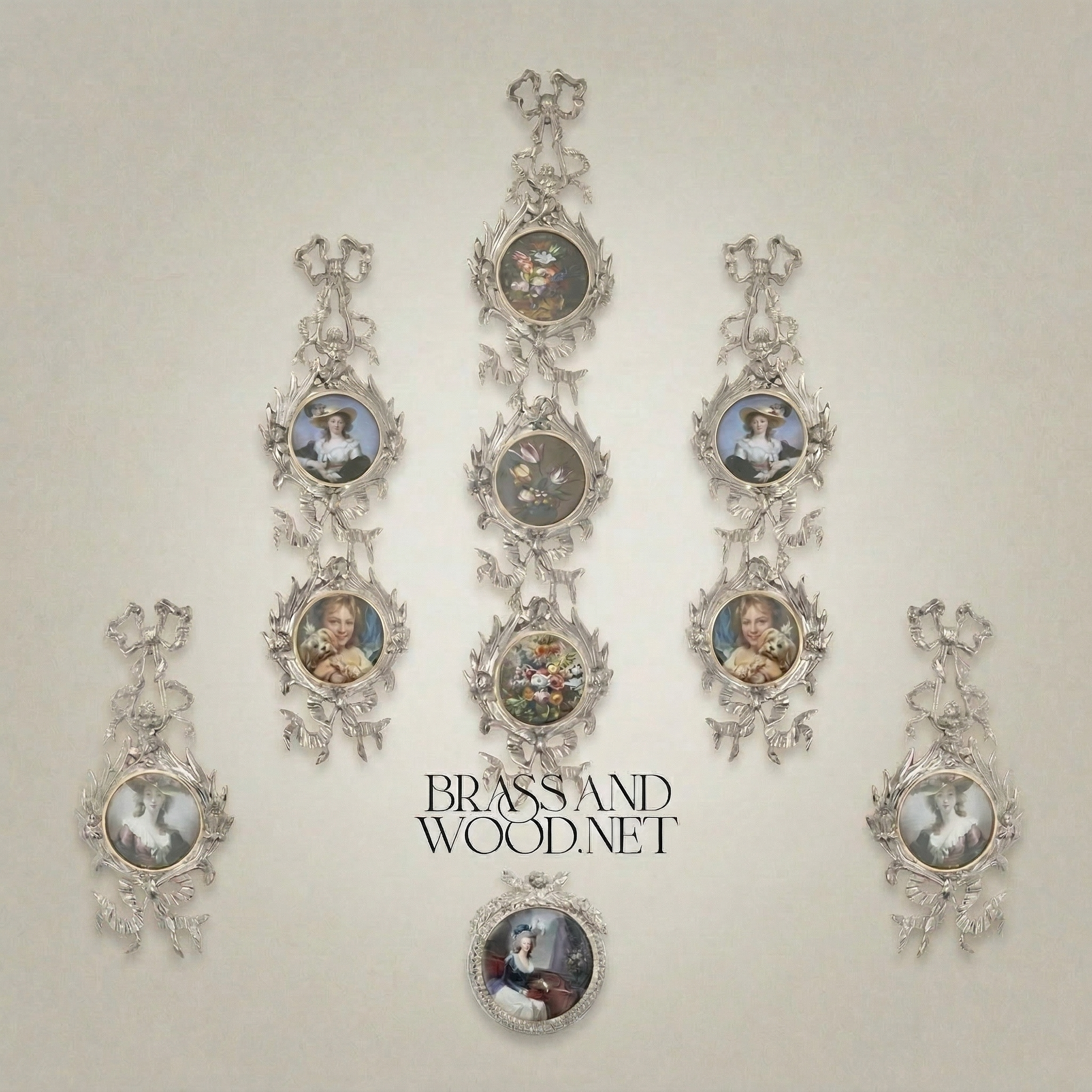 Rococo Brass Wall Picture Frame Chain - Cascading Medallion with Ribbon & Acanthus Crest — Silver