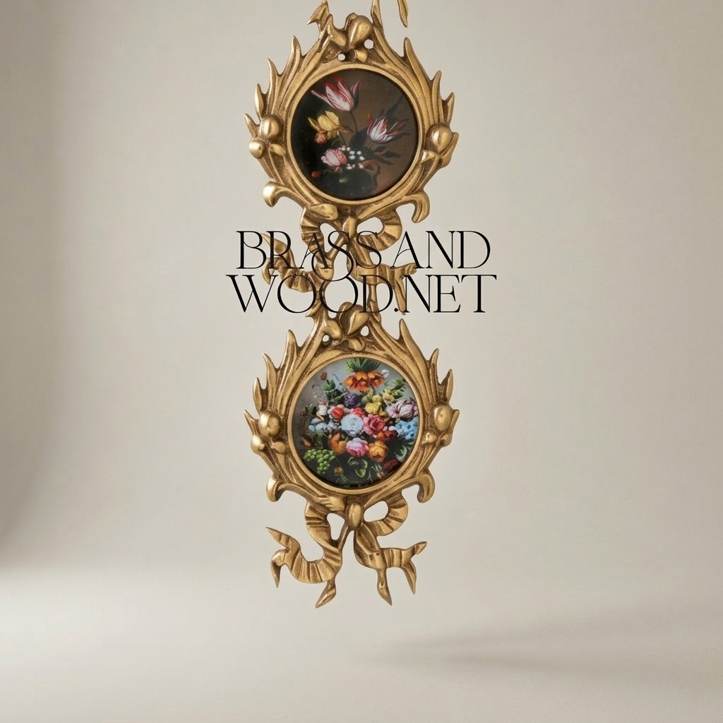 Rococo Brass Wall Picture Frame Chain - Cascading Medallion with Ribbon & Acanthus Crest — Antique Gold