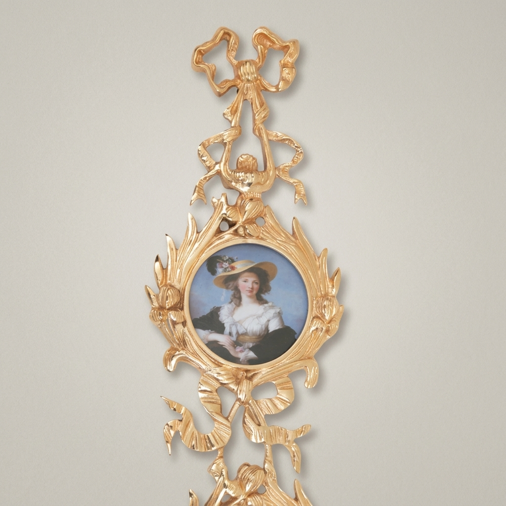 Rococo Brass Wall Picture Frame Chain - Cascading Medallion with Ribbon & Acanthus Crest — Gold