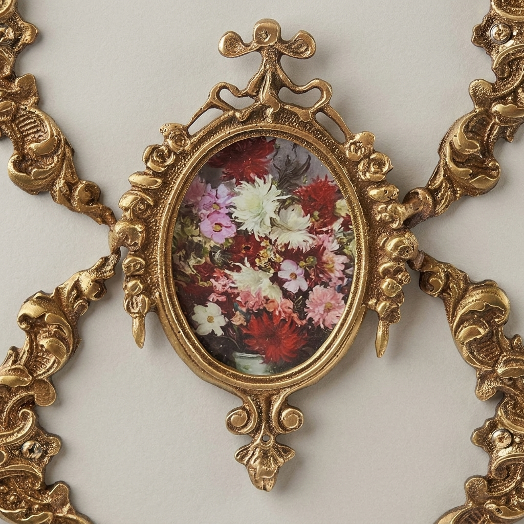 Rococo Brass Wall Plaque with Oval Floral Medallion & Crimson Velvet Panel — Antique Gold