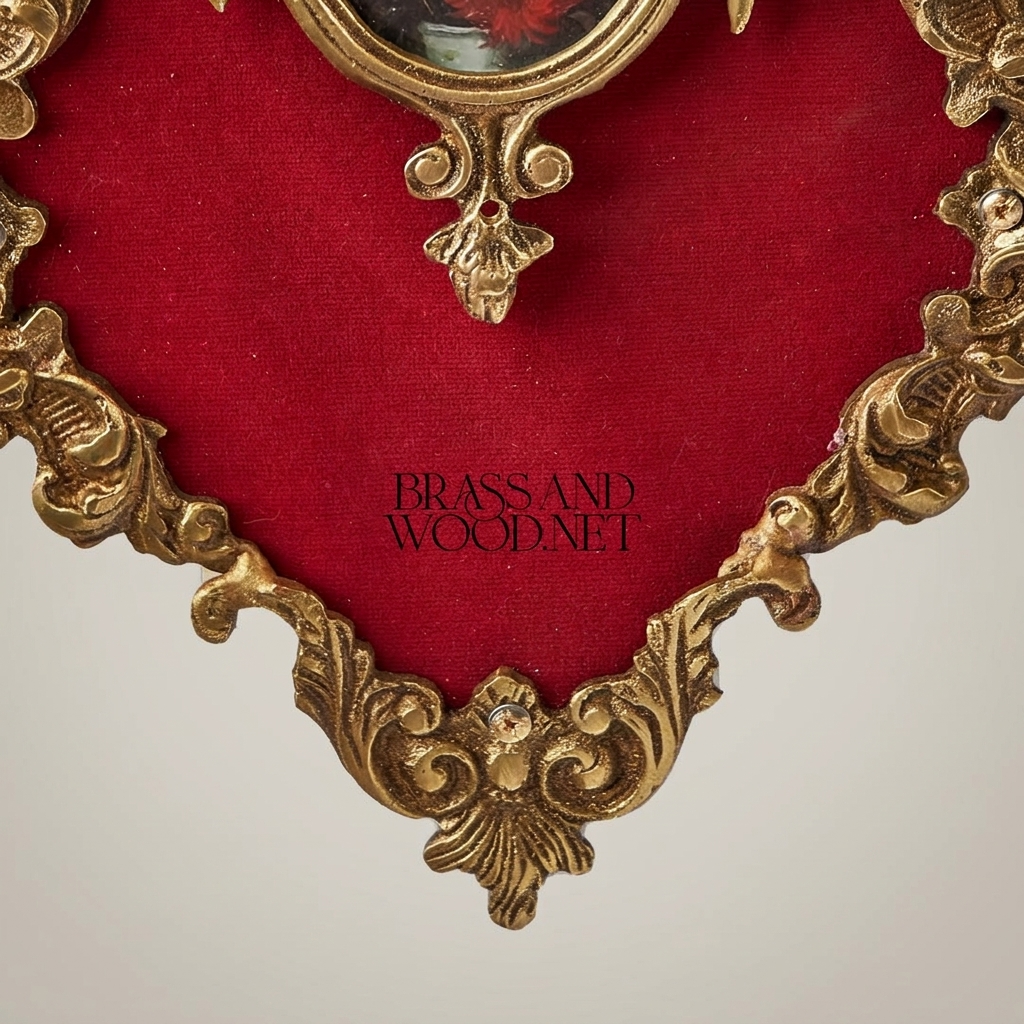 Rococo Brass Wall Plaque with Oval Floral Medallion & Crimson Velvet Panel — Antique Gold