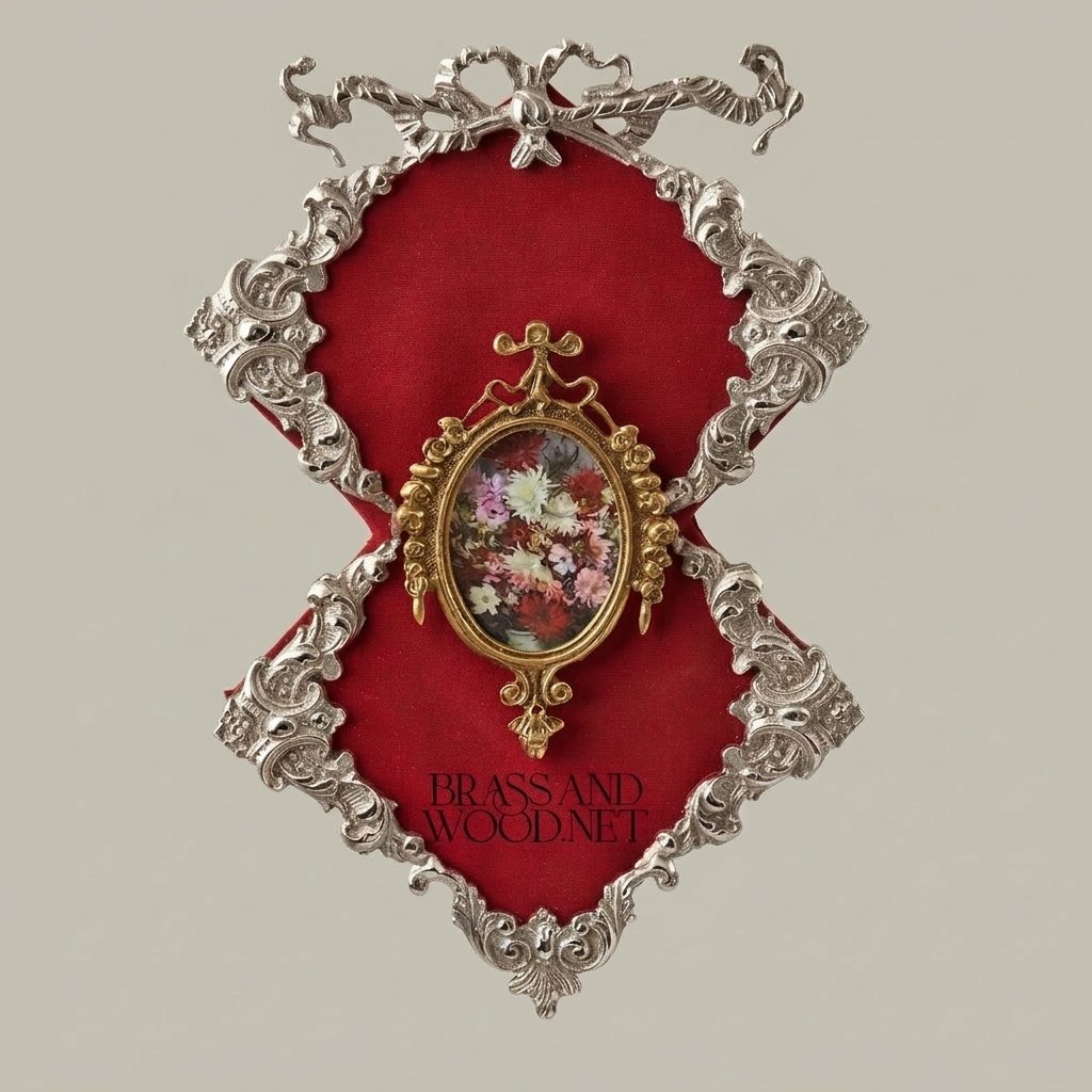 Rococo Brass Wall Plaque with Oval Floral Medallion & Crimson Velvet Panel — Silver