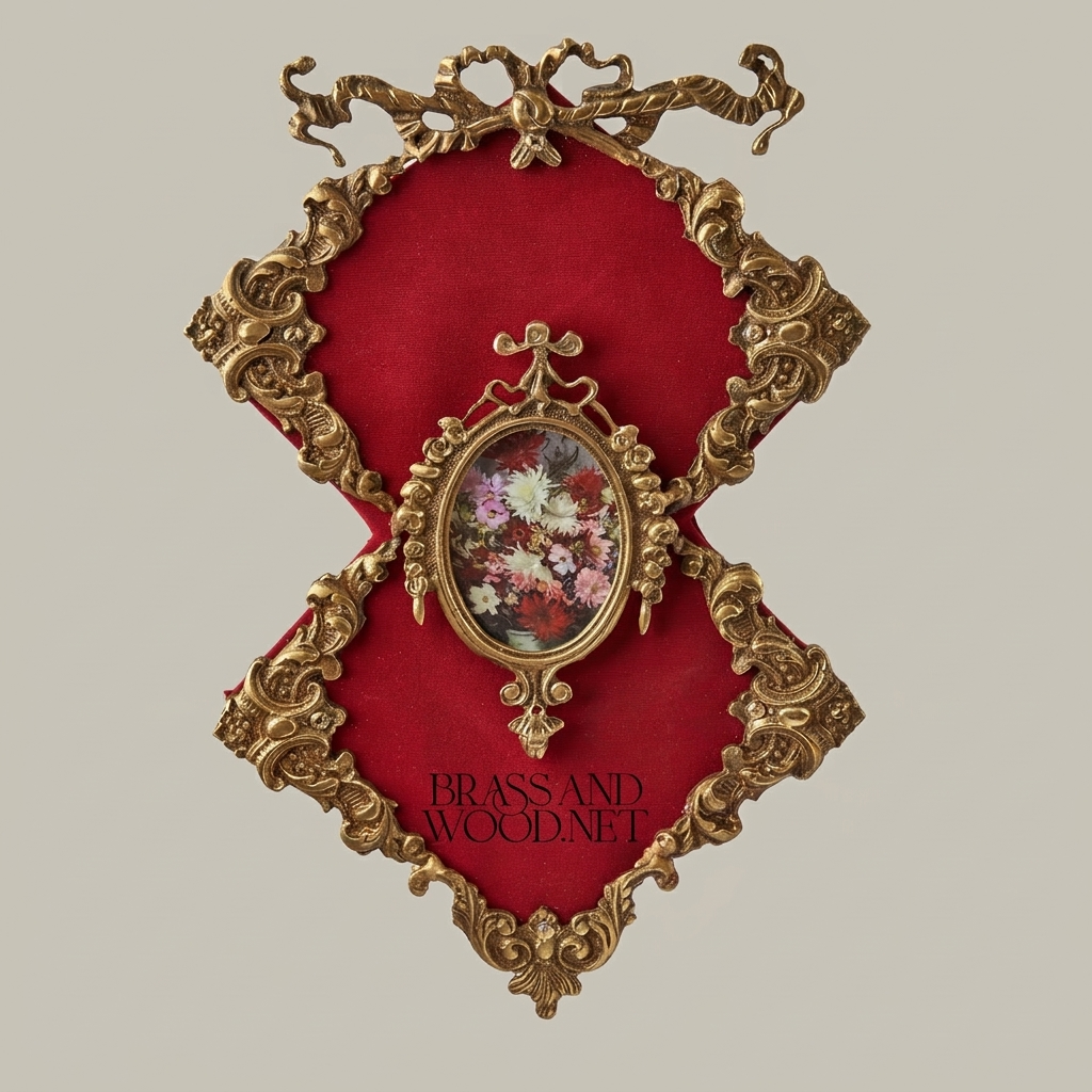 Rococo Brass Wall Plaque with Oval Floral Medallion & Crimson Velvet Panel — Antique Gold