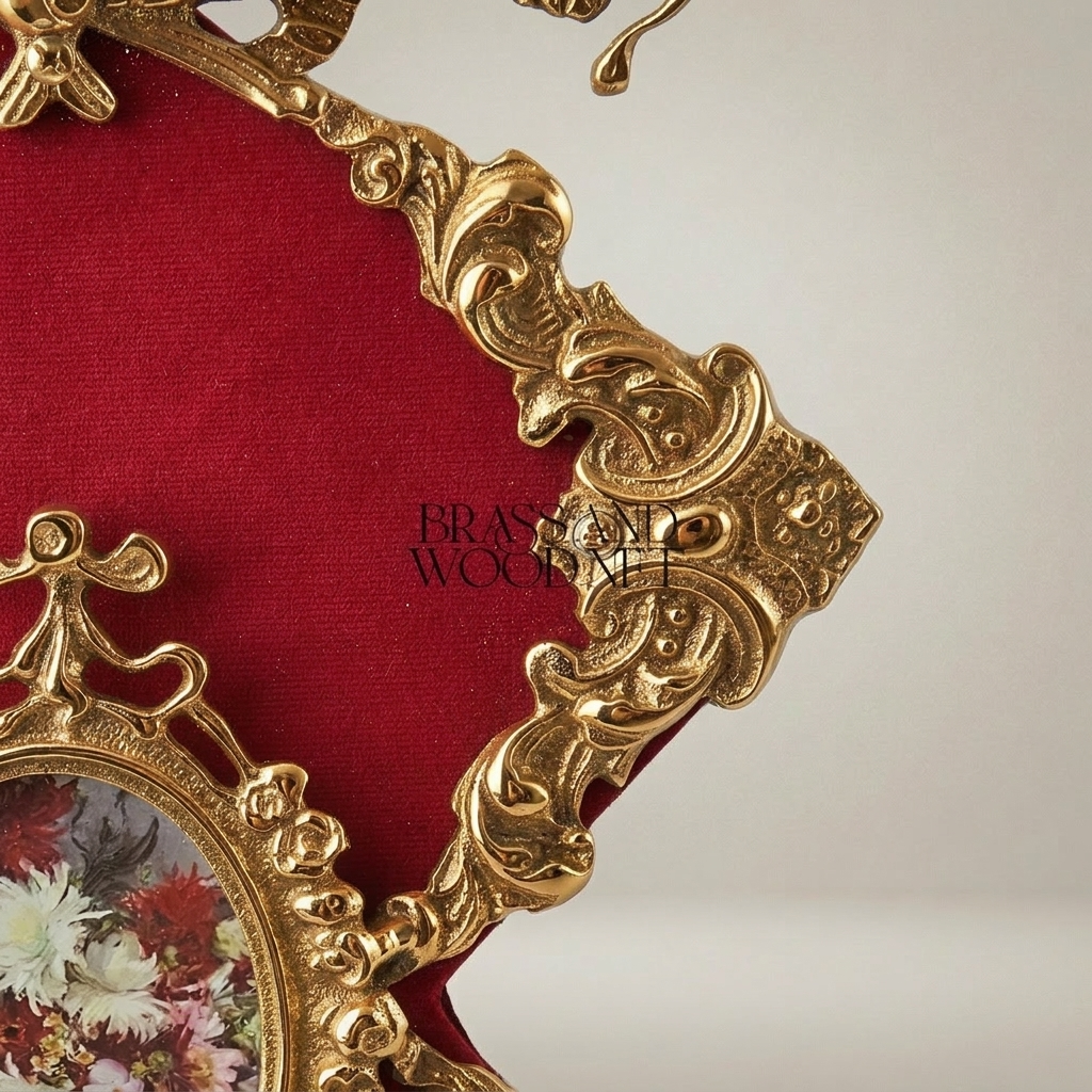 Rococo Brass Wall Plaque with Oval Floral Medallion & Crimson Velvet Panel