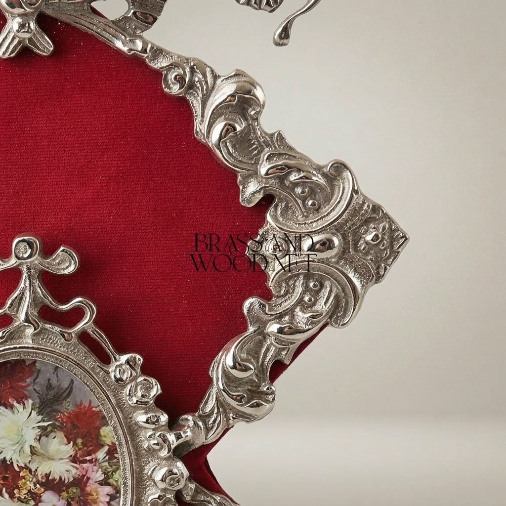 Rococo Brass Wall Plaque with Oval Floral Medallion & Crimson Velvet Panel — Silver