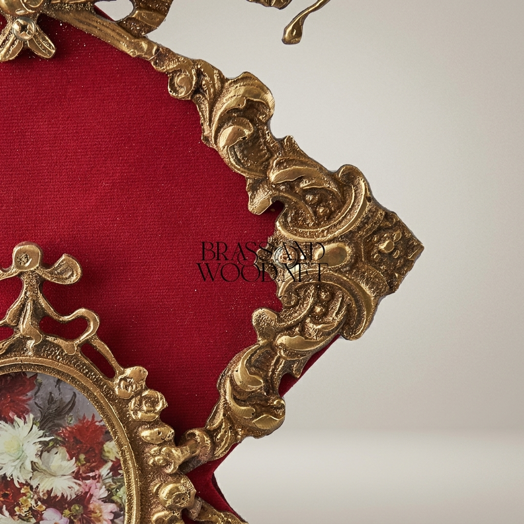 Rococo Brass Wall Plaque with Oval Floral Medallion & Crimson Velvet Panel — Antique Gold