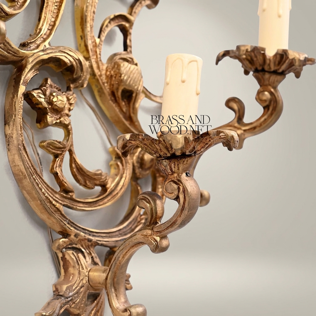 Rococo Brass Wall Sconce 3-Arm with Acanthus & Sunflower Scrollwork — Antique Gold