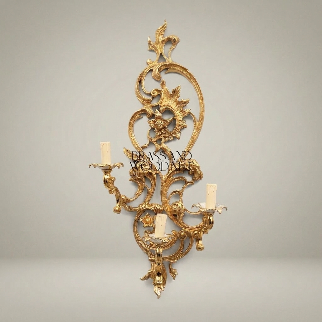 Rococo Brass Wall Sconce 3-Arm with Acanthus & Sunflower Scrollwork — Gold