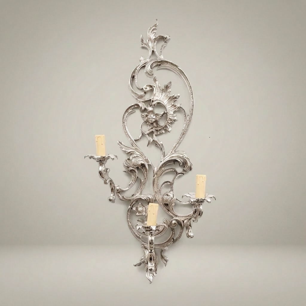 Rococo Brass Wall Sconce 3-Arm with Acanthus & Sunflower Scrollwork — Silver