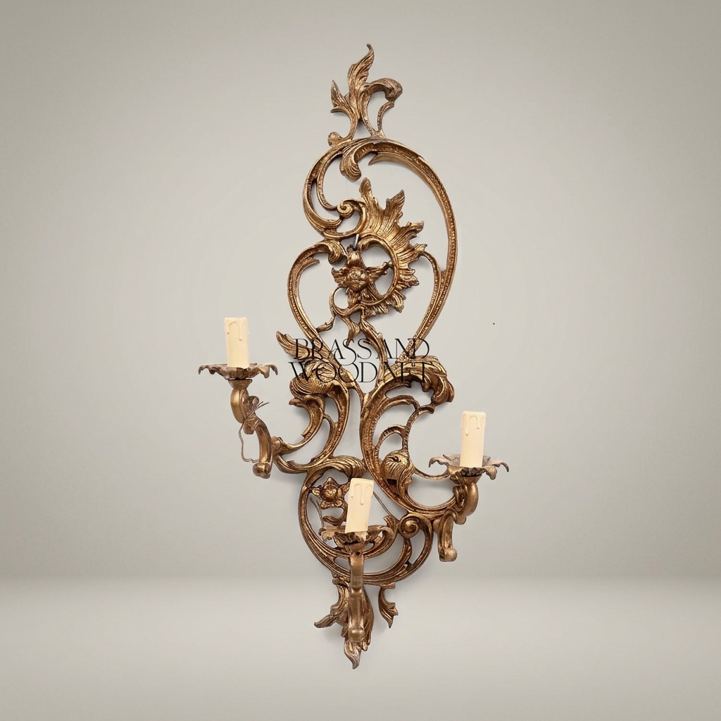 Rococo Brass Wall Sconce 3-Arm with Acanthus & Sunflower Scrollwork — Antique Gold