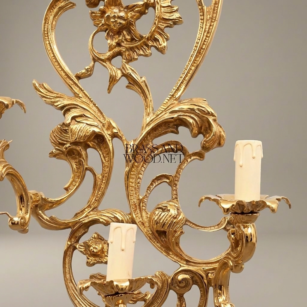 Rococo Brass Wall Sconce 3-Arm with Acanthus & Sunflower Scrollwork — Gold