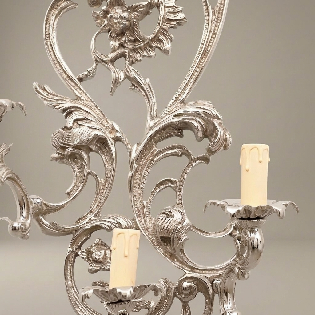 Rococo Brass Wall Sconce 3-Arm with Acanthus & Sunflower Scrollwork — Silver
