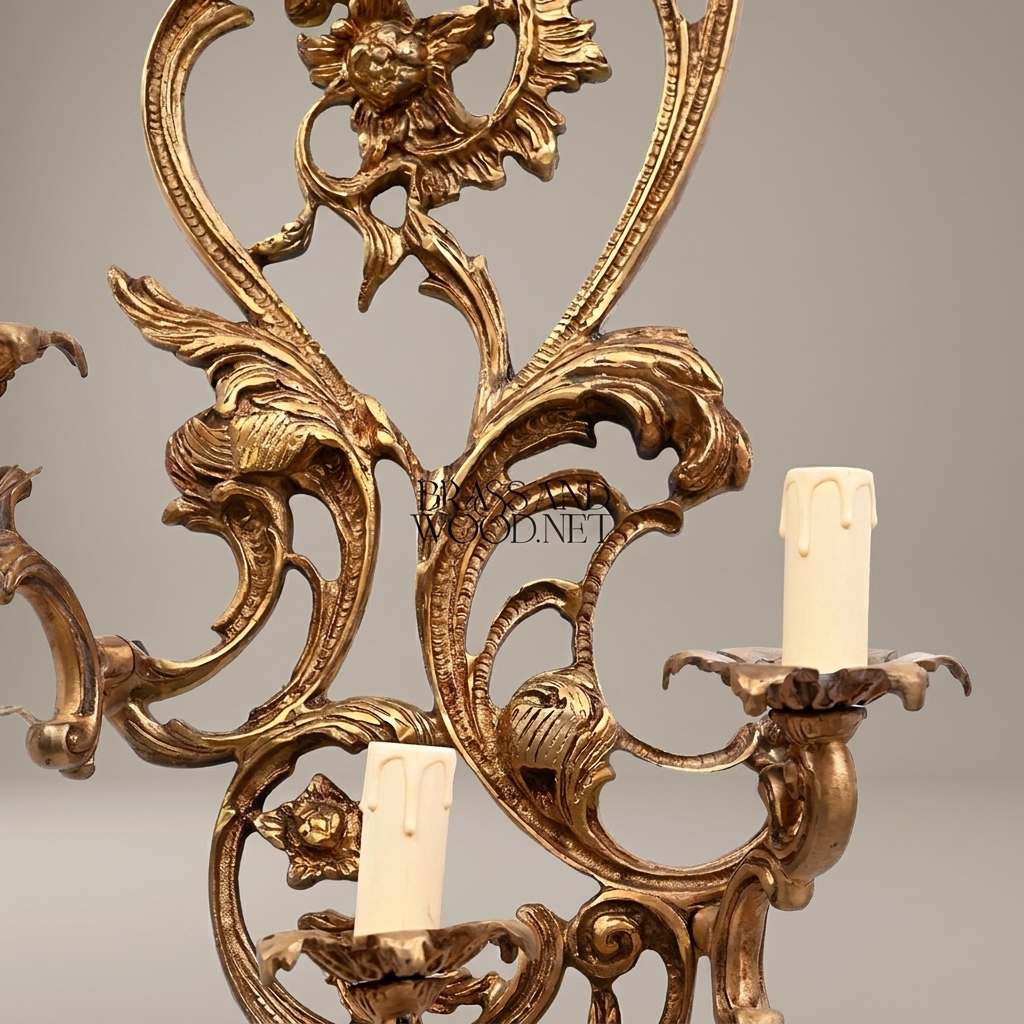 Rococo Brass Wall Sconce 3-Arm with Acanthus & Sunflower Scrollwork — Antique Gold