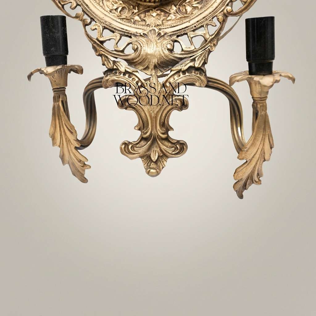 Rococo Brass Wall Sconce with Hand-Painted Porcelain Medallion & Twin Candle Arms — Antique Gold