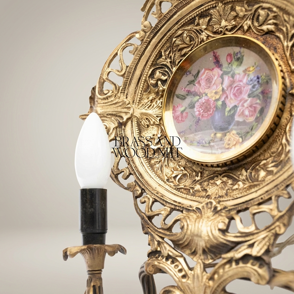 Rococo Brass Wall Sconce with Hand-Painted Porcelain Medallion & Twin Candle Arms — Antique Gold