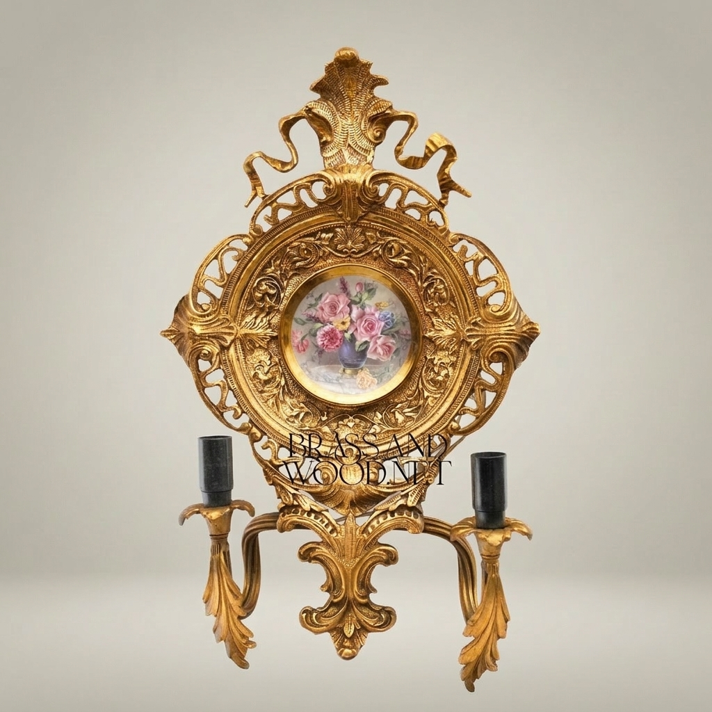 Rococo Brass Wall Sconce with Hand-Painted Porcelain Medallion & Twin Candle Arms