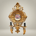 Rococo Brass Wall Sconce with Hand-Painted Porcelain Medallion & Twin Candle Arms — Gold