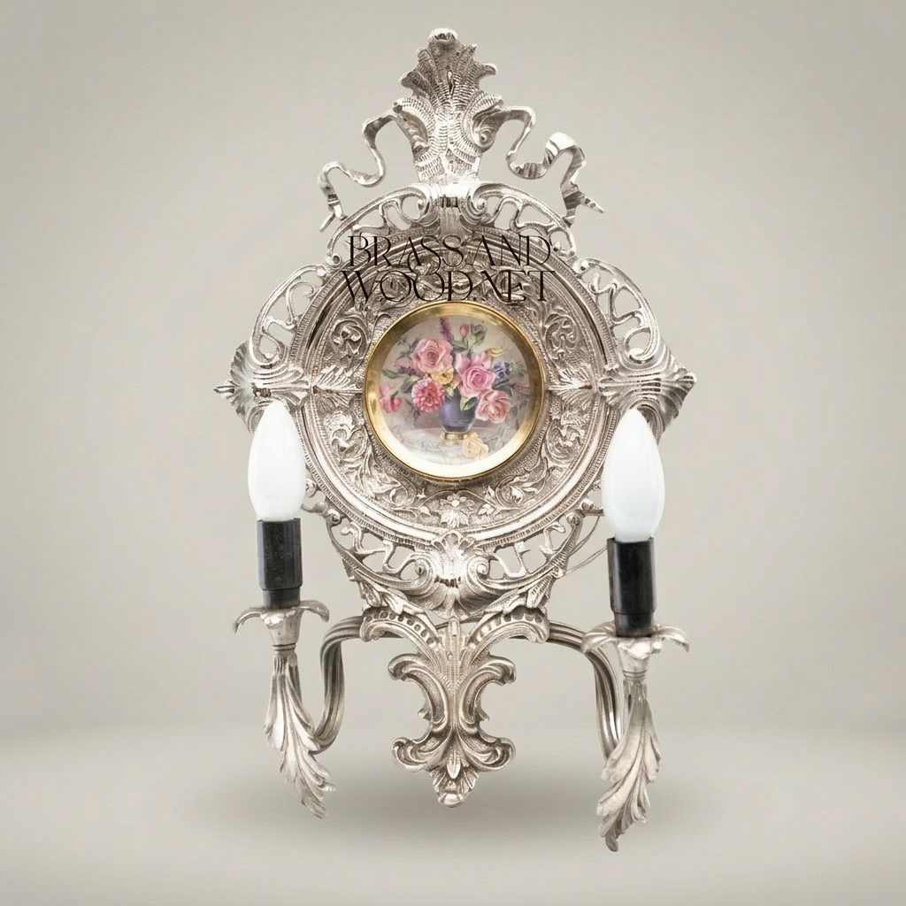 Rococo Brass Wall Sconce with Hand-Painted Porcelain Medallion & Twin Candle Arms — Silver