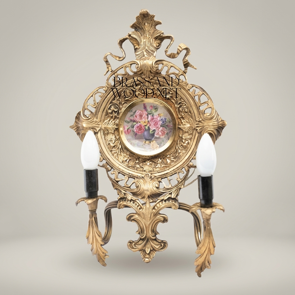 Rococo Brass Wall Sconce with Hand-Painted Porcelain Medallion & Twin Candle Arms — Antique Gold