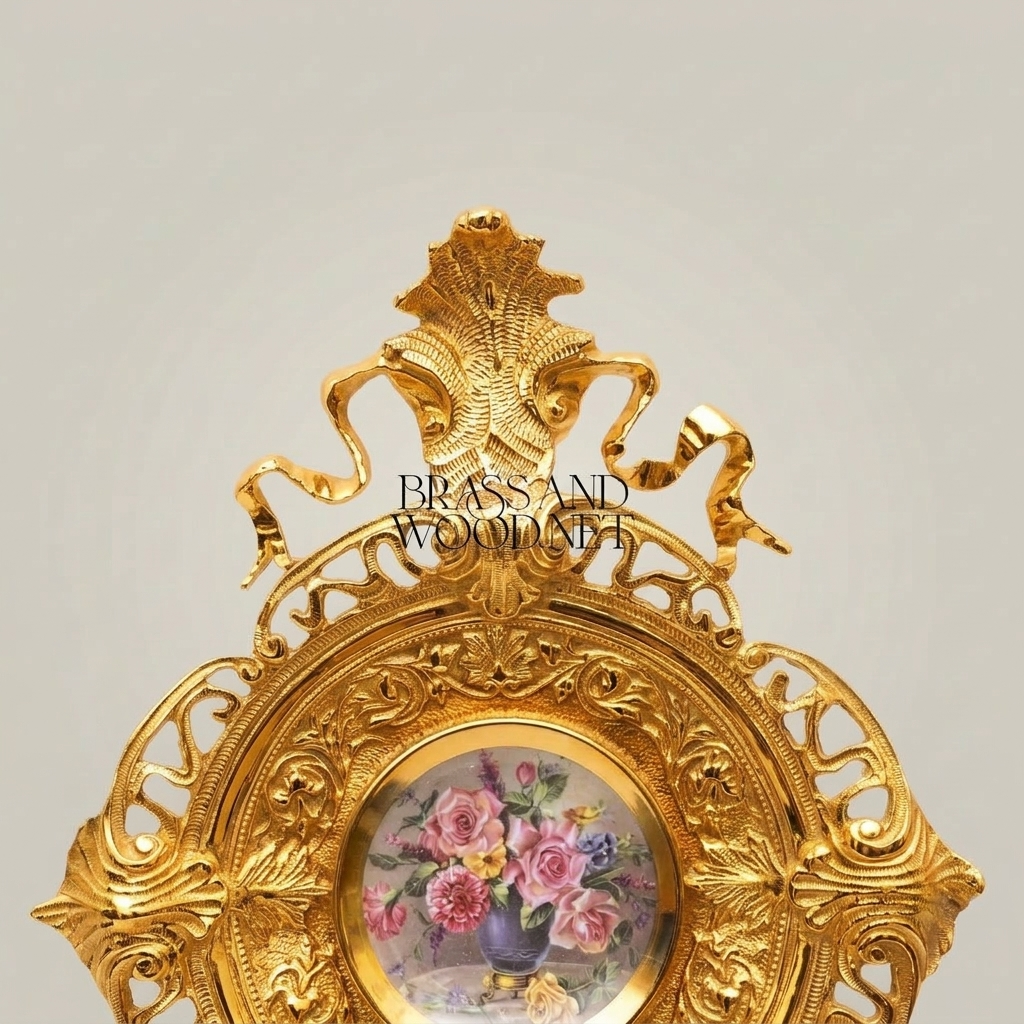 Rococo Brass Wall Sconce with Hand-Painted Porcelain Medallion & Twin Candle Arms — Gold