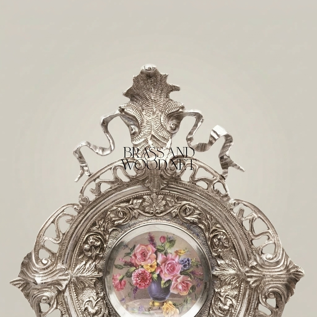 Rococo Brass Wall Sconce with Hand-Painted Porcelain Medallion & Twin Candle Arms — Silver