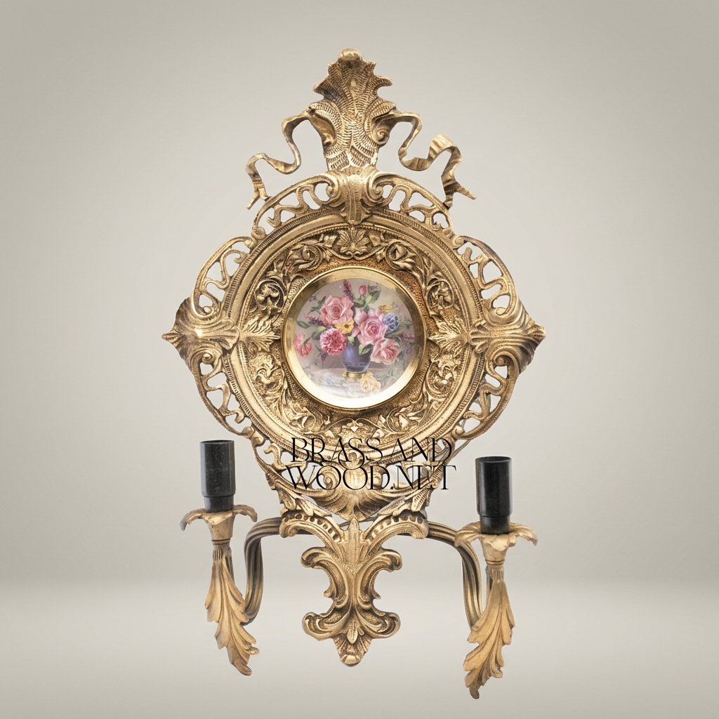 Rococo Brass Wall Sconce with Hand-Painted Porcelain Medallion & Twin Candle Arms — Antique Gold
