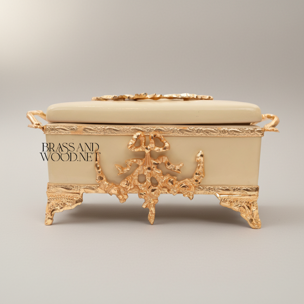 Rococo Brass & Wood Tissue Box Holder with Floral Cartouche Mounts — Gold