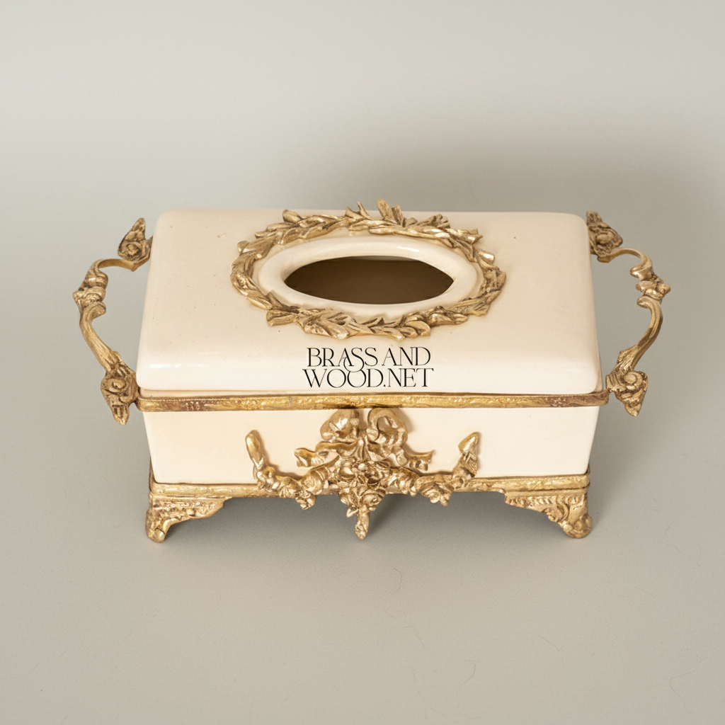 Rococo Brass & Wood Tissue Box Holder with Floral Cartouche Mounts — Antique Gold