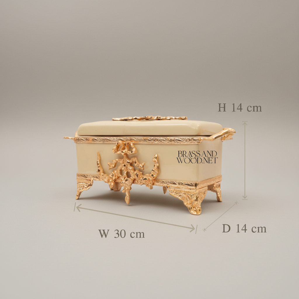Rococo Brass & Wood Tissue Box Holder with Floral Cartouche Mounts — Gold