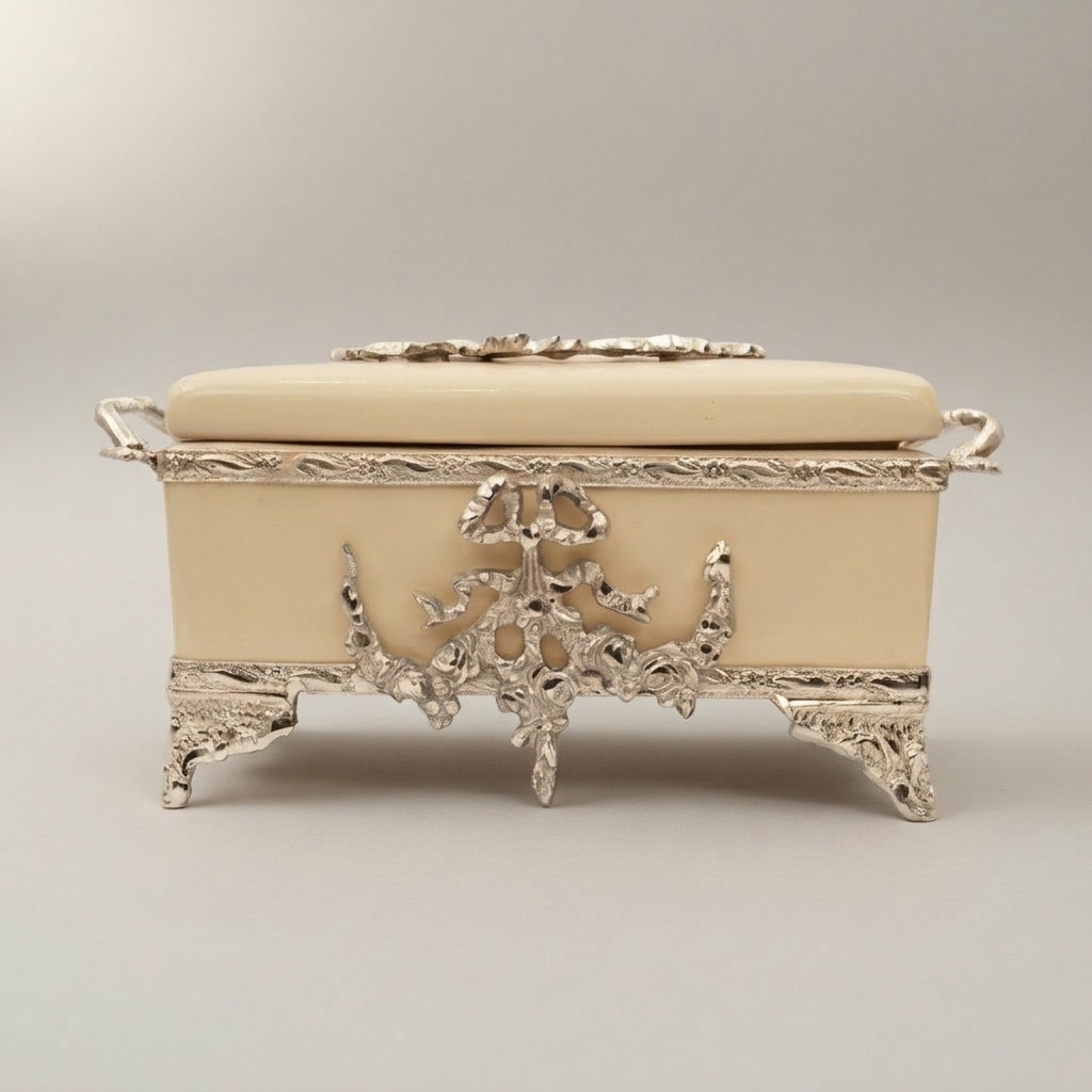 Rococo Brass & Wood Tissue Box Holder with Floral Cartouche Mounts