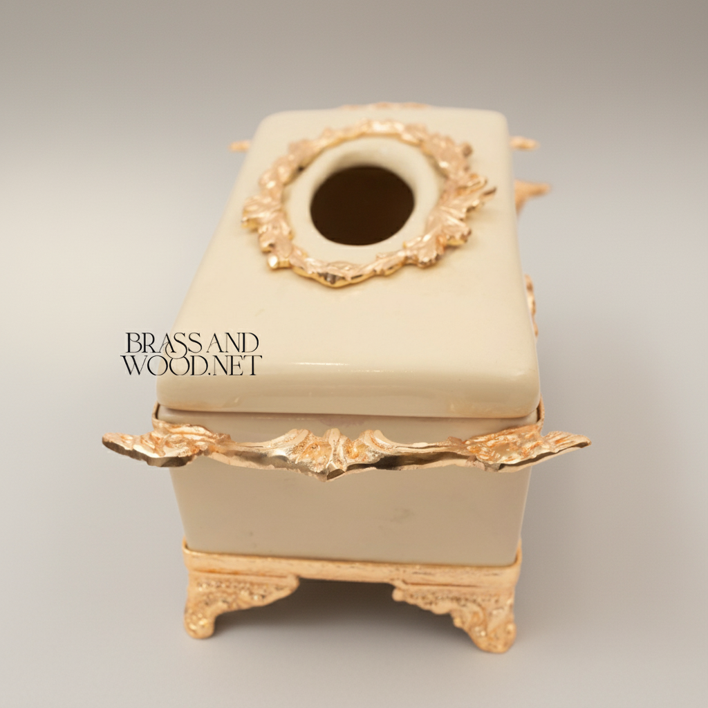 Rococo Brass & Wood Tissue Box Holder with Floral Cartouche Mounts — Gold