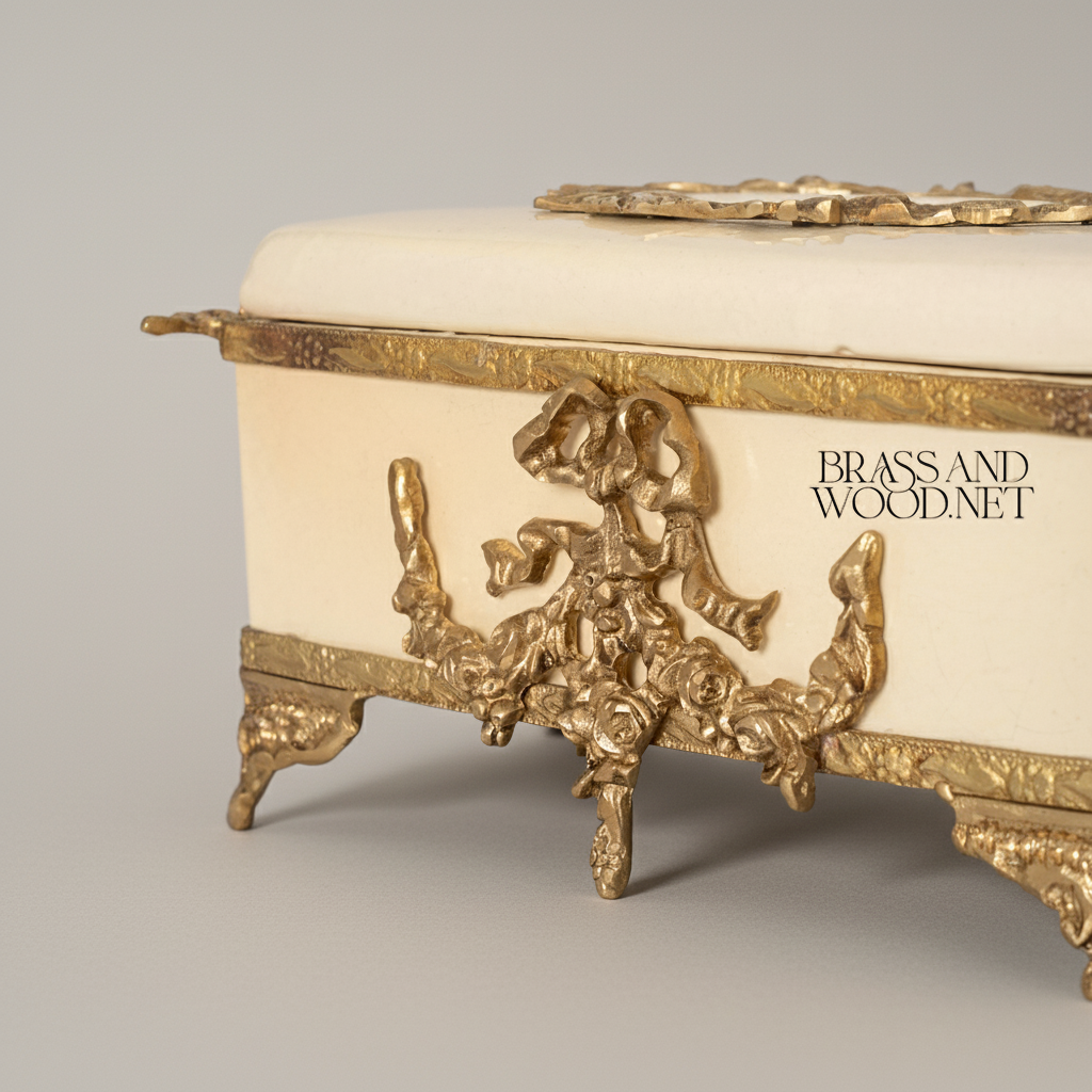 Rococo Brass & Wood Tissue Box Holder with Floral Cartouche Mounts — Antique Gold