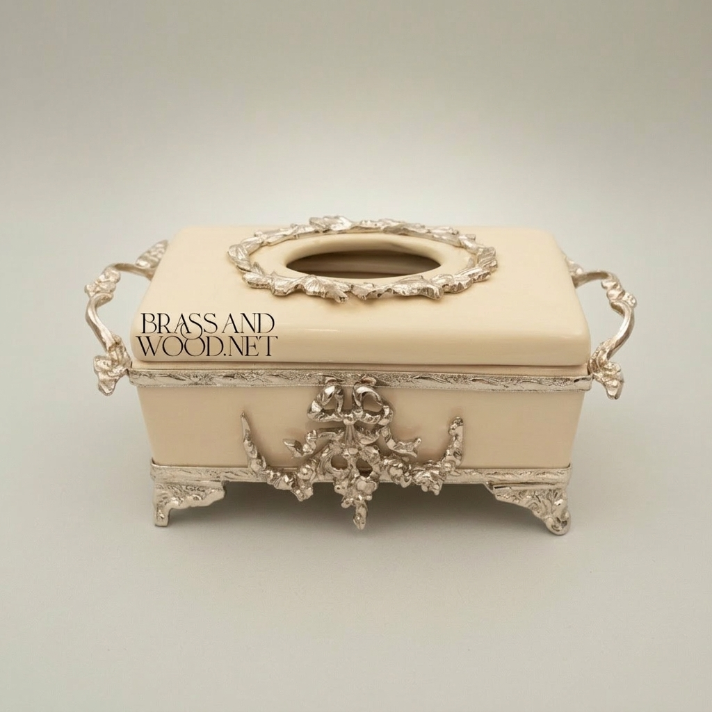 Rococo Brass & Wood Tissue Box Holder with Floral Cartouche Mounts — Silver