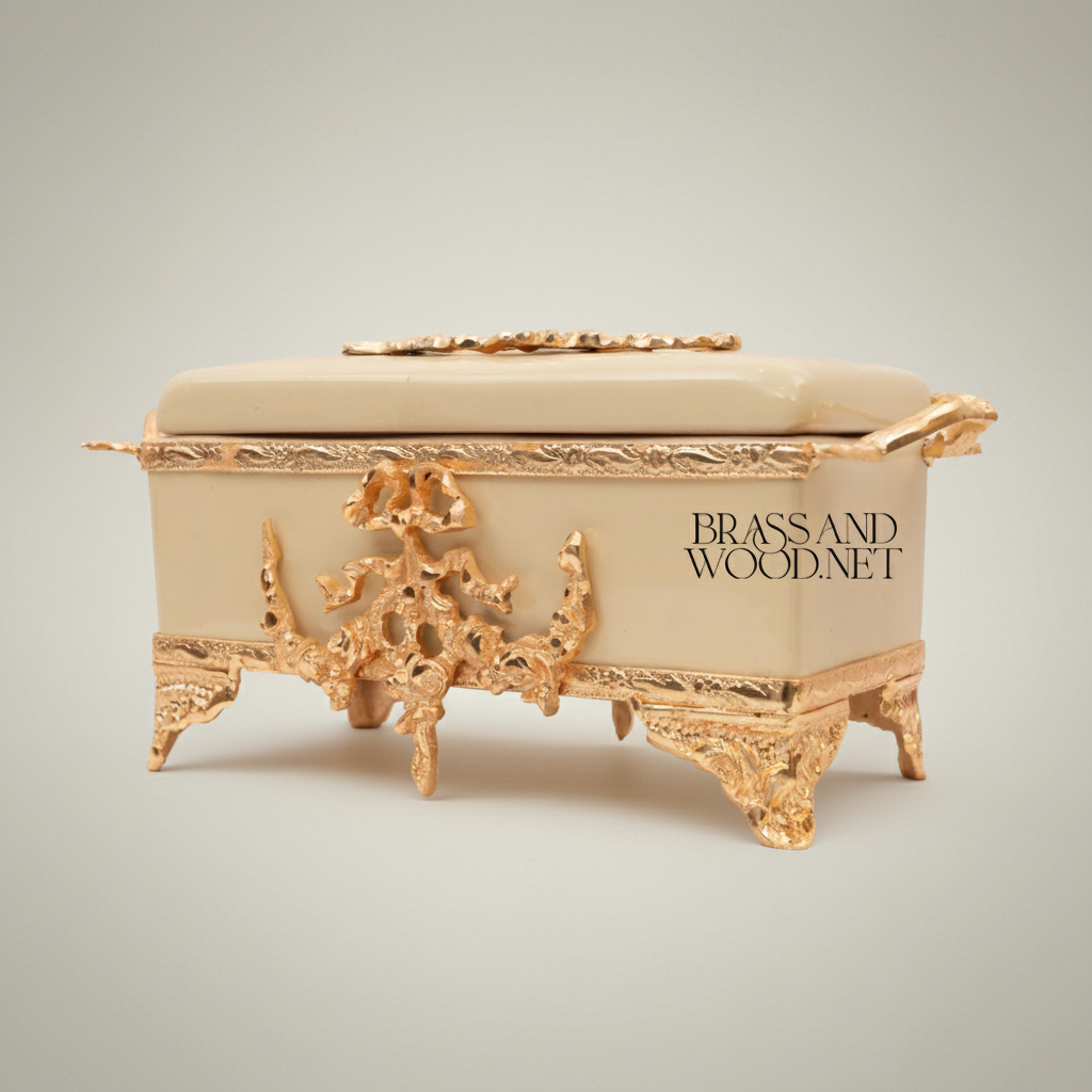 Rococo Brass & Wood Tissue Box Holder with Floral Cartouche Mounts — Gold