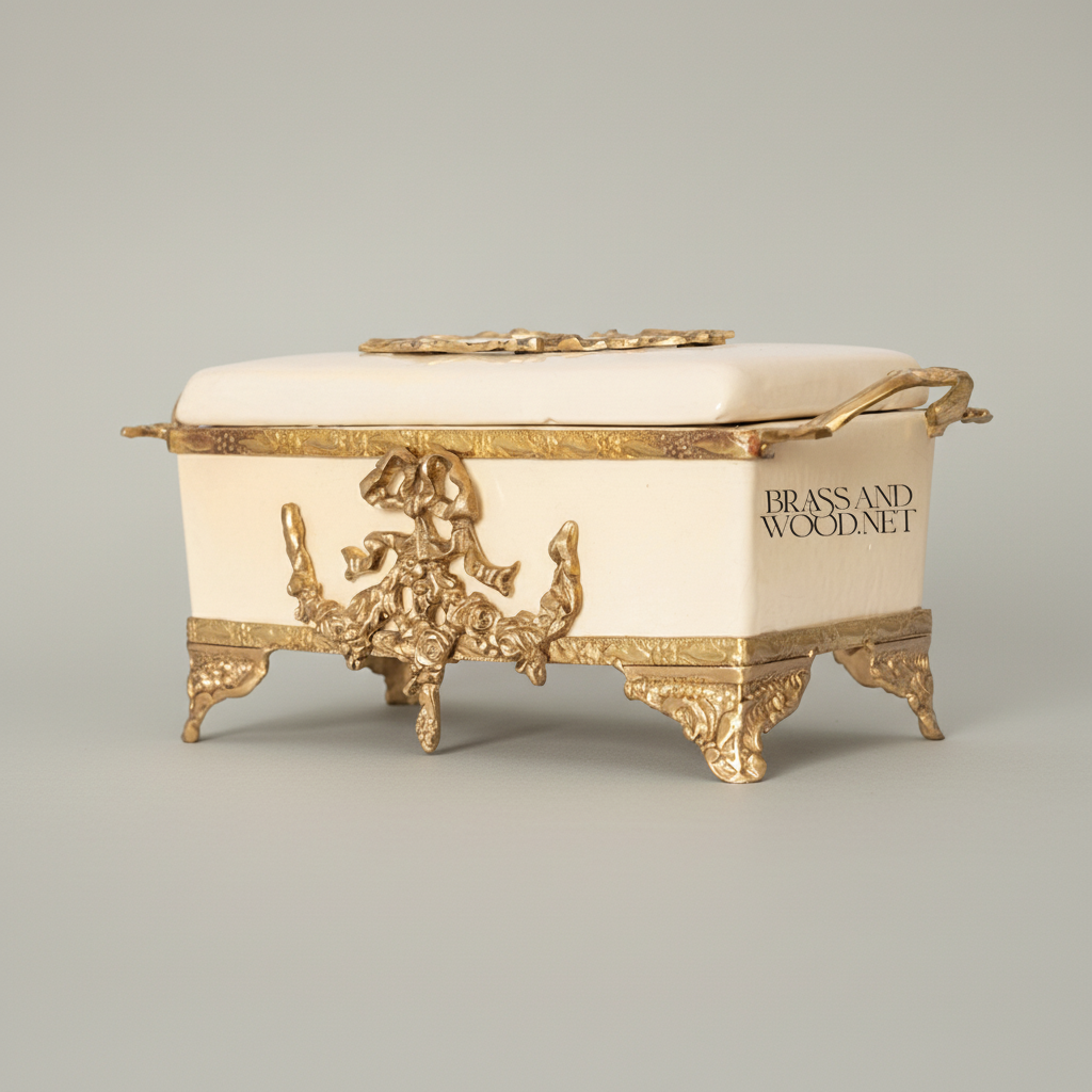 Rococo Brass & Wood Tissue Box Holder with Floral Cartouche Mounts — Antique Gold