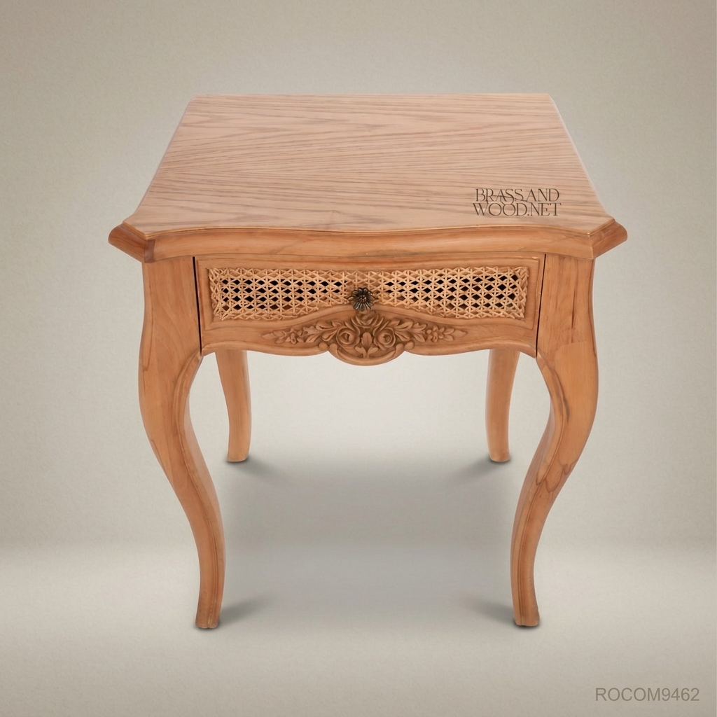 Rococo Carved Redwood Nightstand with Cane Drawer Panel