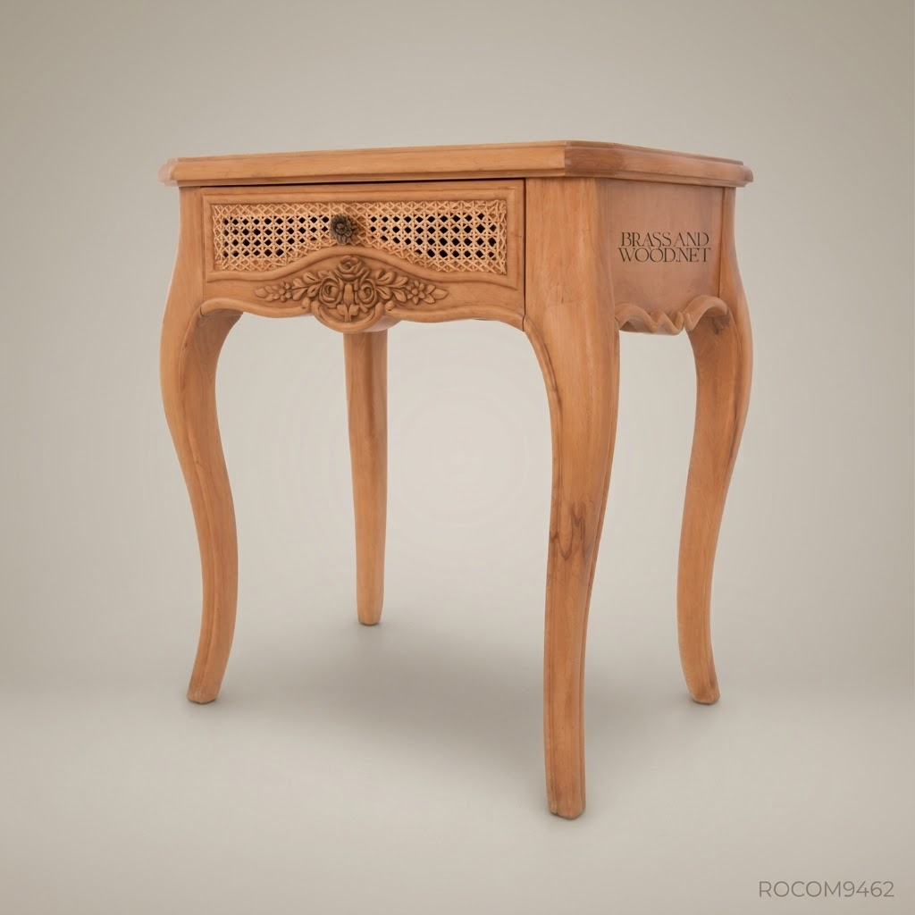 Rococo Carved Redwood Nightstand with Cane Drawer Panel