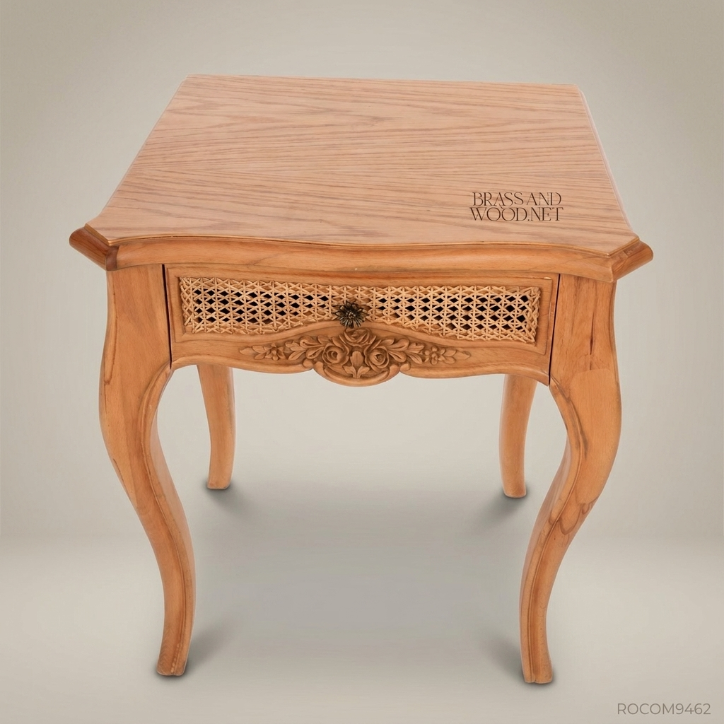 Rococo Carved Redwood Nightstand with Cane Drawer Panel