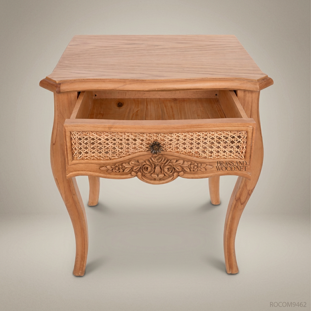 Rococo Carved Redwood Nightstand with Cane Drawer Panel
