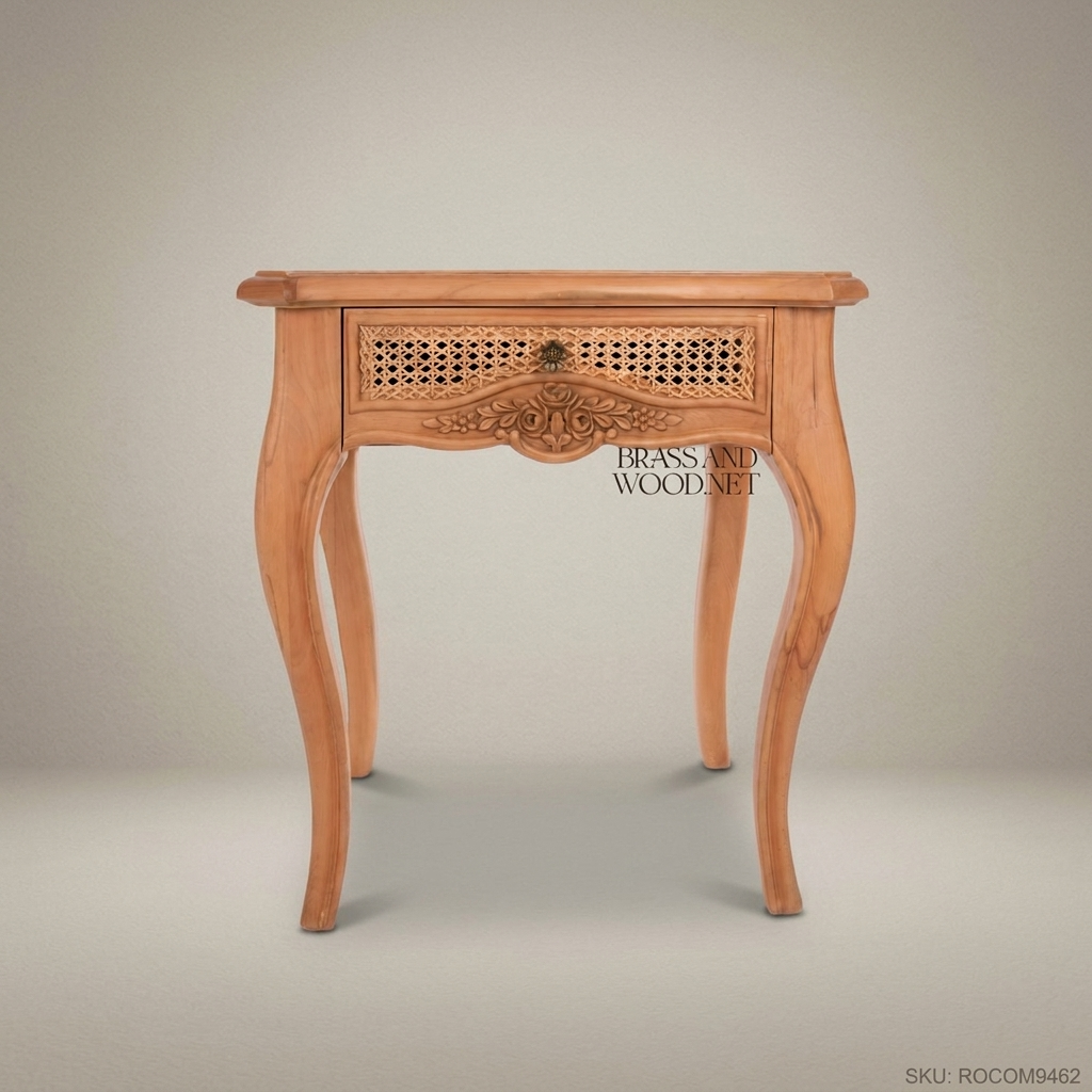 Rococo Carved Redwood Nightstand with Cane Drawer Panel