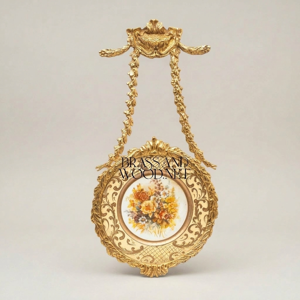 Rococo Cast Brass Hanging Decorative Plate - Floral Ceramic Insert with Acanthus Frame — Gold