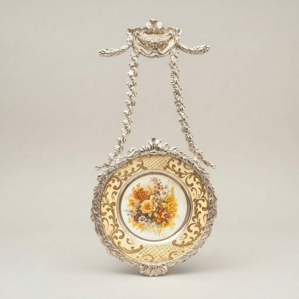Rococo Cast Brass Hanging Decorative Plate - Floral Ceramic Insert with Acanthus Frame — Silver