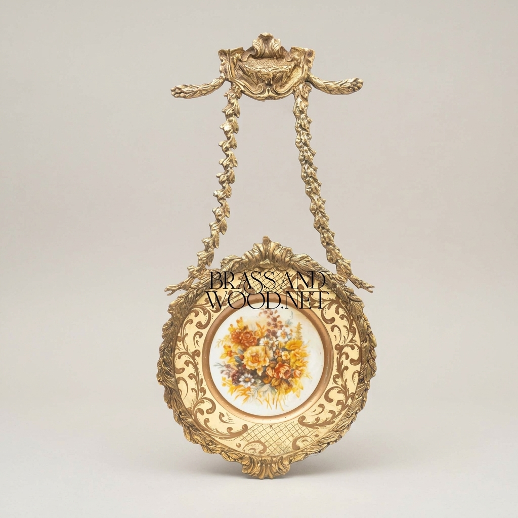 Rococo Cast Brass Hanging Decorative Plate - Floral Ceramic Insert with Acanthus Frame — Antique Gold