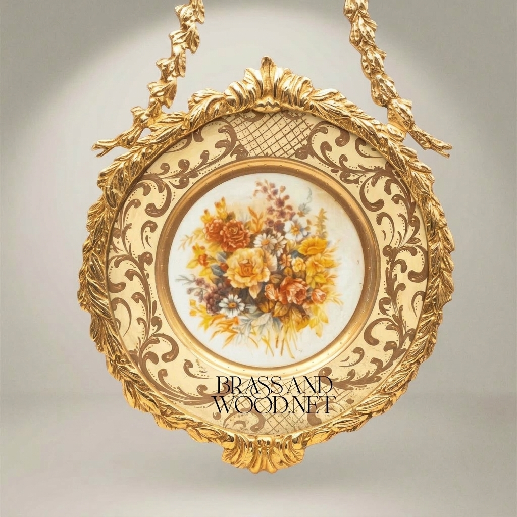Rococo Cast Brass Hanging Decorative Plate - Floral Ceramic Insert with Acanthus Frame — Gold
