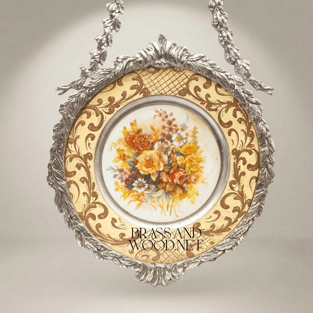 Rococo Cast Brass Hanging Decorative Plate - Floral Ceramic Insert with Acanthus Frame — Silver