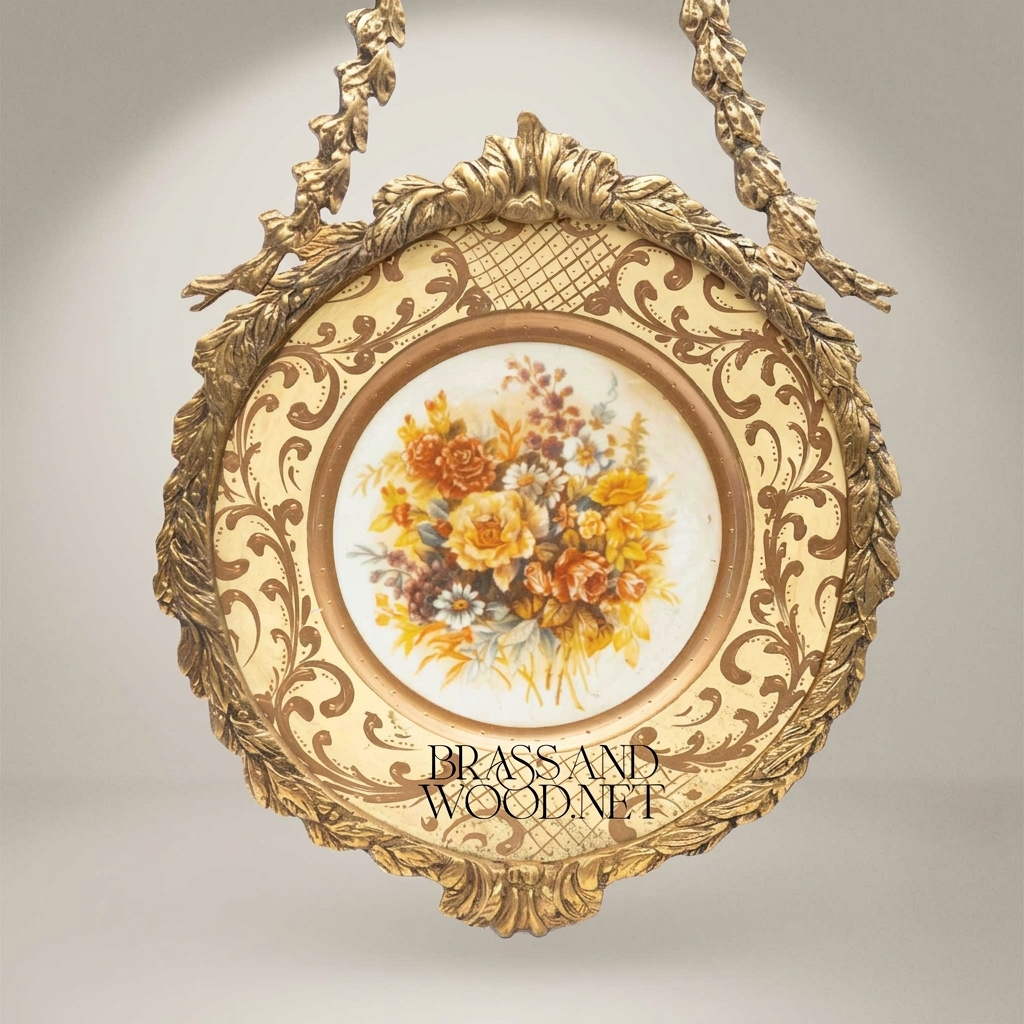 Rococo Cast Brass Hanging Decorative Plate - Floral Ceramic Insert with Acanthus Frame — Antique Gold