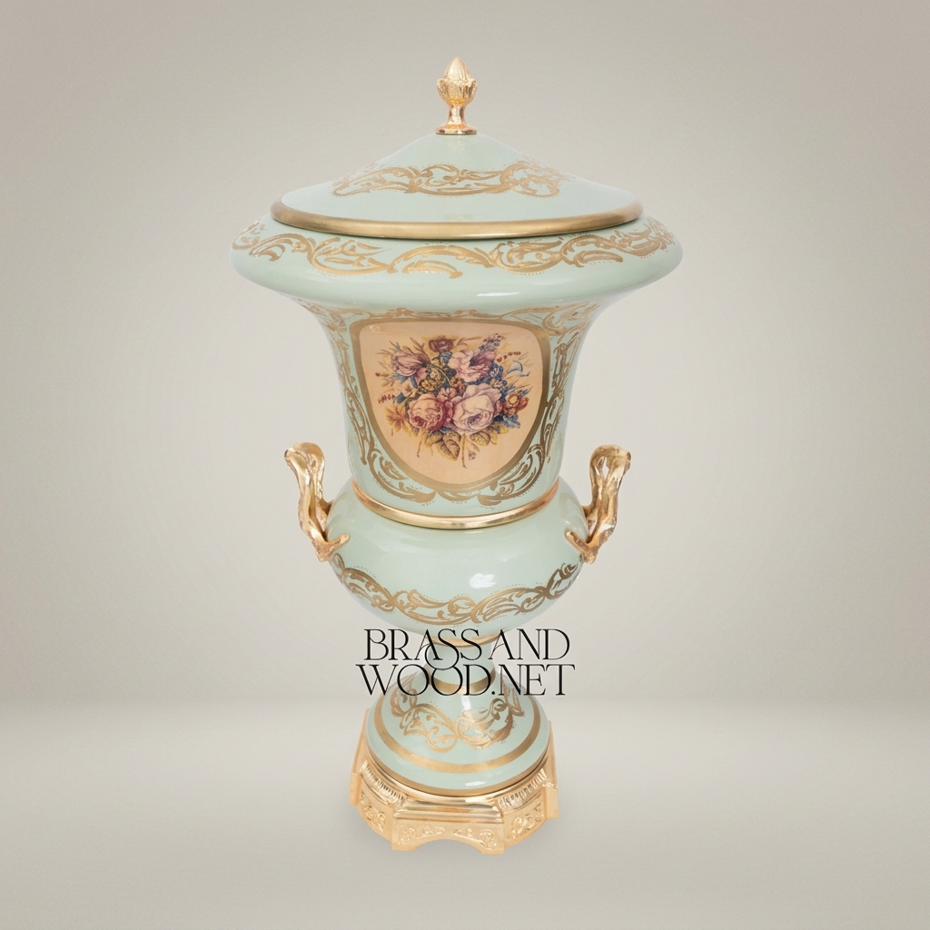 Rococo Celadon Ceramic Lidded Urn Vase with Hand-Painted Floral Cartouche