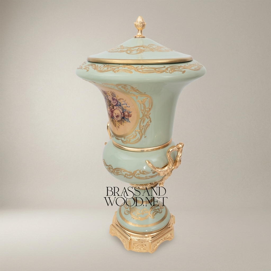 Rococo Celadon Ceramic Lidded Urn Vase with Hand-Painted Floral Cartouche